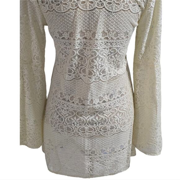 FLYING Tomato Cream Slightly Sheer Bell Sleeve Mini‎ Dress COVERUP Size Medium - Picture 4 of 8